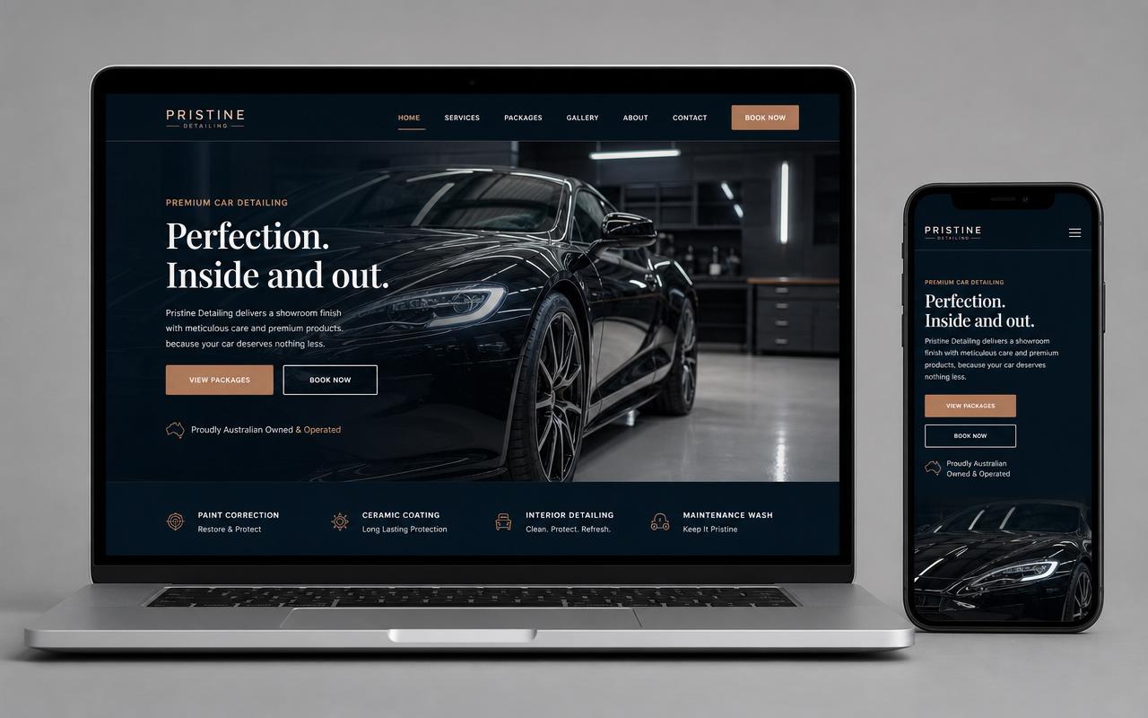 Pristine Detailing website shown on laptop and mobile