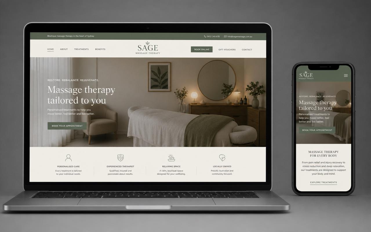 Sage Massage Therapy website shown on laptop and mobile
